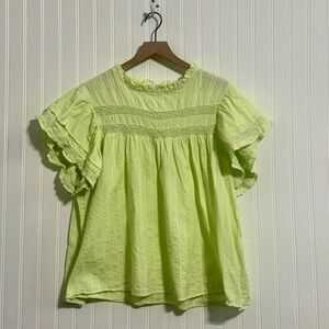 CATO Plus Size 26/28W Lime Green 100% Cotton Flutter Sleeve Top Lace Cottagecore